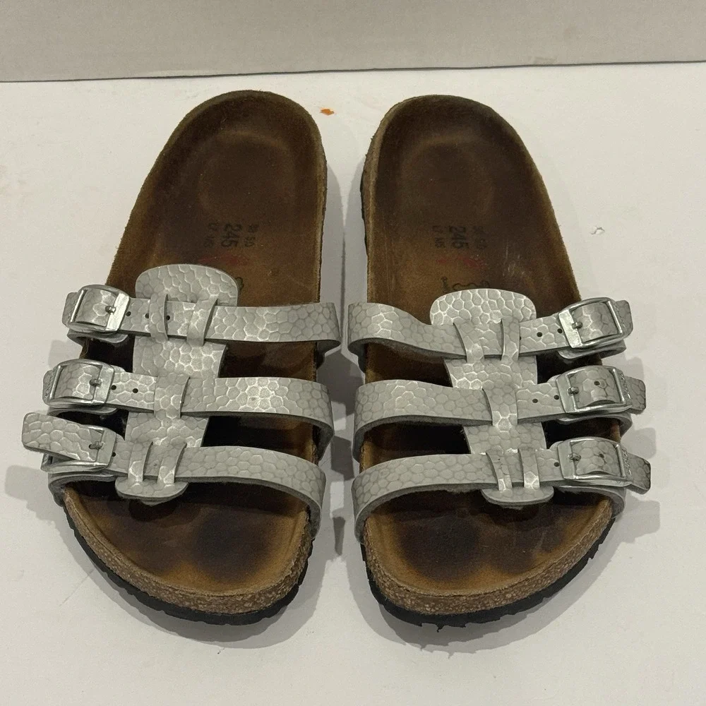 Birkie Birkenstock Florida 3 Strap Slip On Sandal Silver Women's 7-7.5 EU 38 - Picture 1 of 7
